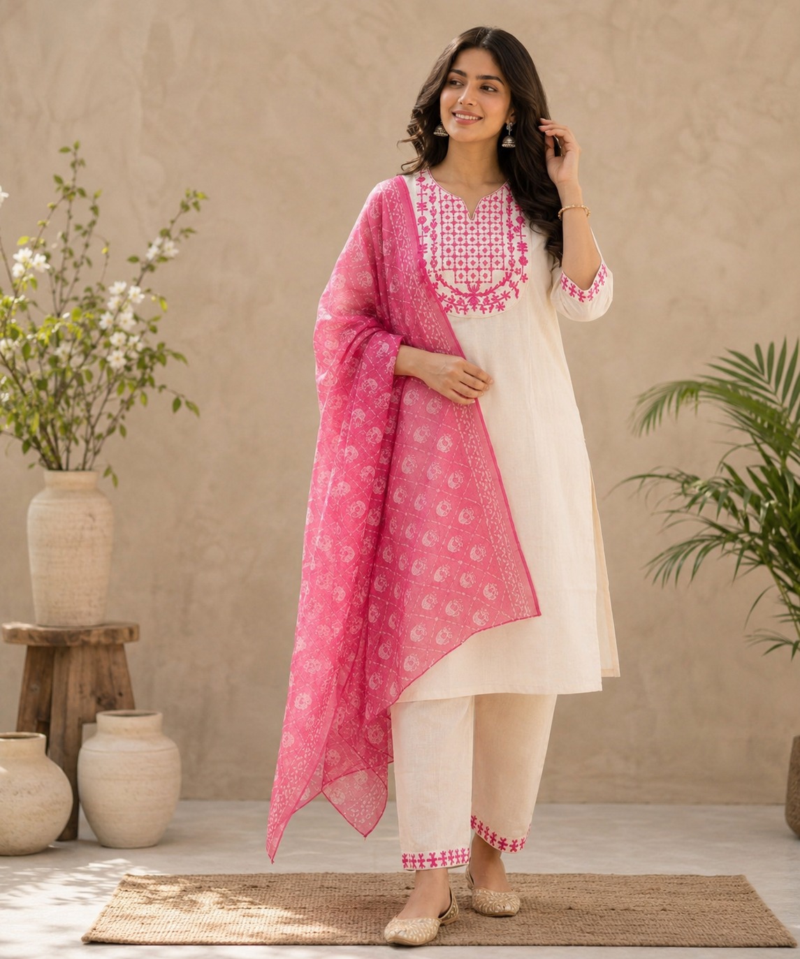 Women's Refined Look 3-Piece Embroidered Rayon Slub Kurta Set – PAIR-03