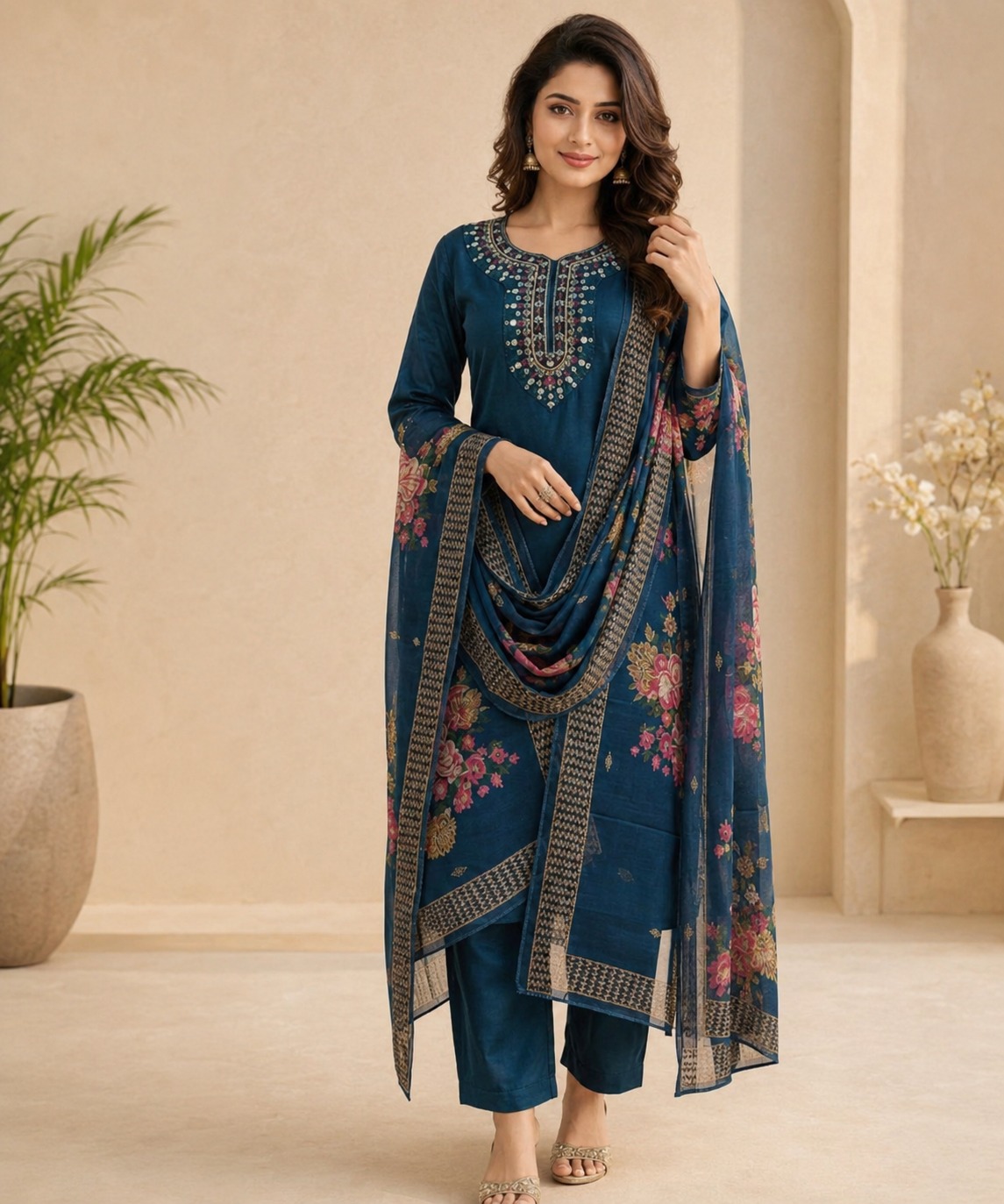 Women's Everyday Elegance 3-Piece Embroidered Rayon Slub Kurta Set – PAIR-20